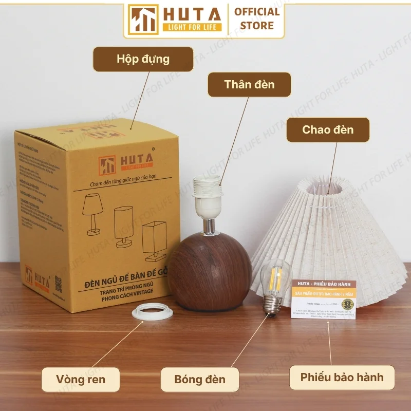 Đèn Ngủ Để Bàn Decor Khách Sạn, Tab Đầu Giường HUTA Light For Life Thân Kim Loại Mã T8